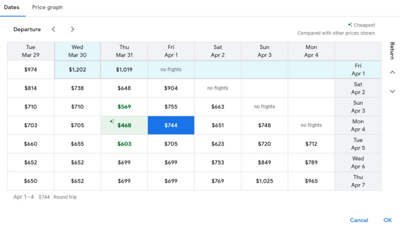 google flights price grid1