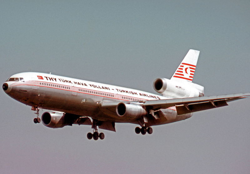 Douglas DC-10-10 TC-JAU of THY Turkish Airlines landing at Frankfurt Airport in 1974