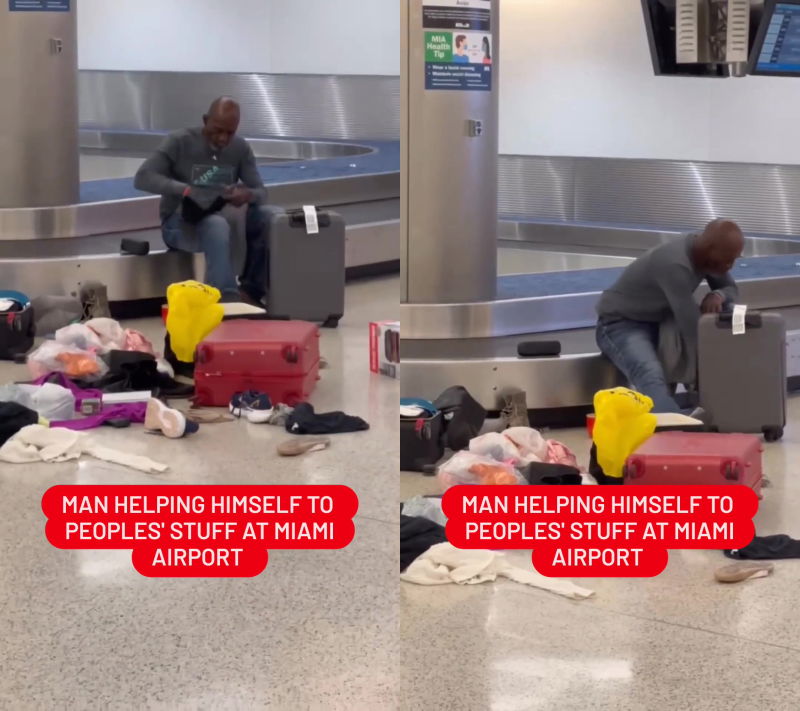 Thief stealing clothes from luggage at Miami International Airport