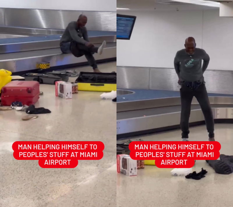 Thief stealing clothes from luggage at Miami International Airport