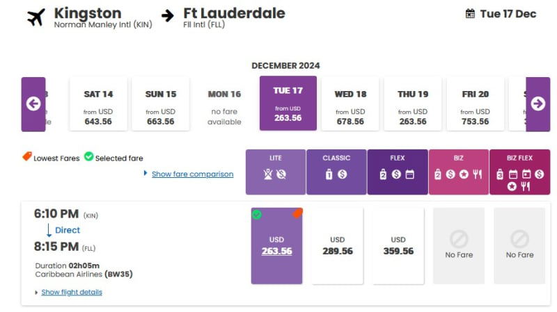 caribbean airlines kin fll economy